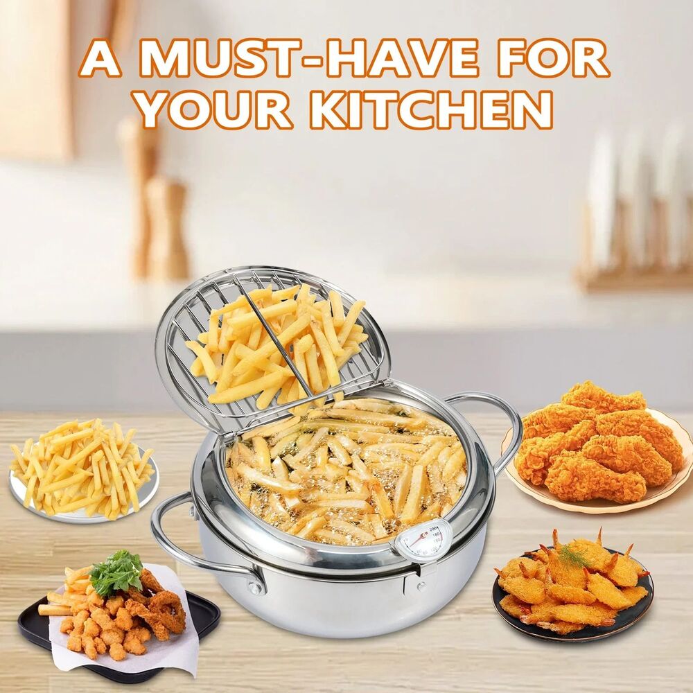 Deep Fryer Pot, 9 inch Stainless Steel W/ Thermometer & Lid, Deep Frying Pan - Picture 6 of 6